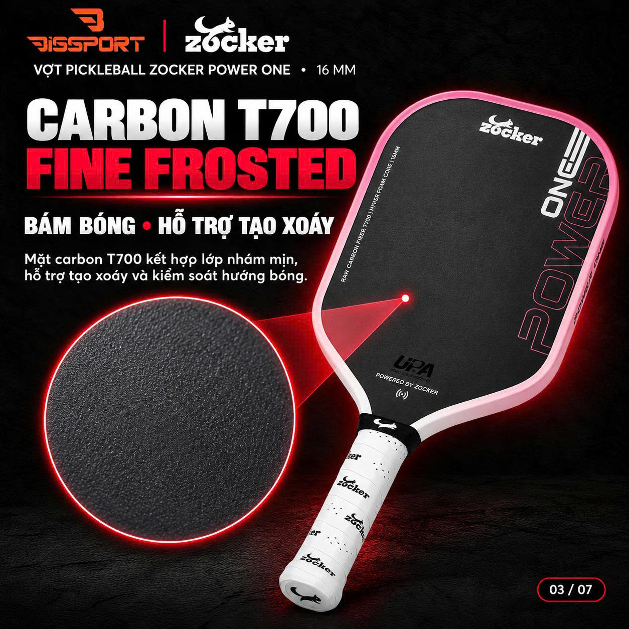 Vợt Pickleball Zocker Power One 16mm Chính Hãng - Màu Trắng - Lõi Foam - Mặt Carbon T700 Nhám Trợ Lực Tốt - Tạo Xoáy